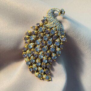 Feather Brooch Blue Rhinestone Openwork Gold Tone 3" Statement